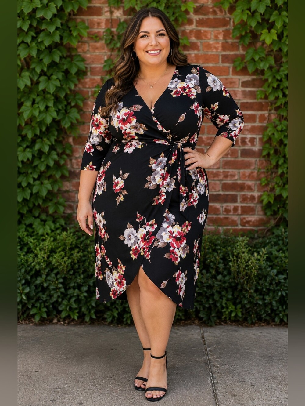 Emerald Plus Size 3x: Floral Faux Wrap Midi Hi-Low Dress in Black with Florals